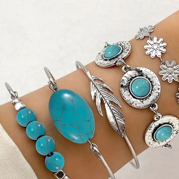 Beautiful set of 5 silver and turquoise jewelry. Accent and‎ mix and match. NEW. - Picture 7 of 7